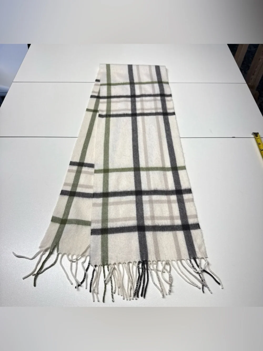 Charter Club Men’s Scarf Nova Check 100% Cashmere Cream Gray Green Preppy 10x62